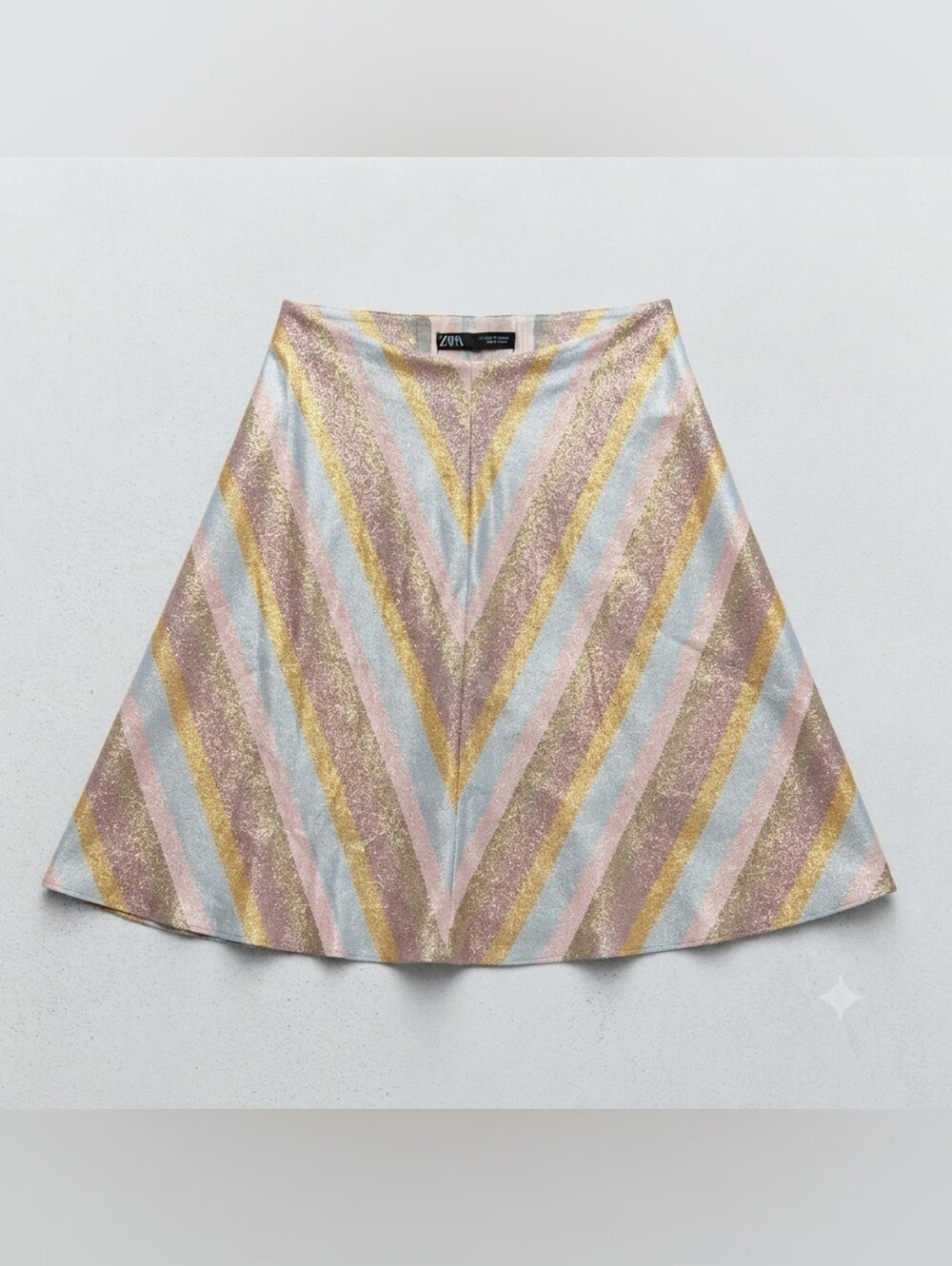 Zara Glitter Metallic A-Line Skirt Size L Pink Gold Silver Chevron Stripe
